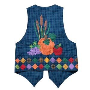 Handmade Vest Autumn Fall Embroidered Quilted Plaid Pumpkin Leaves 90’s M Medium